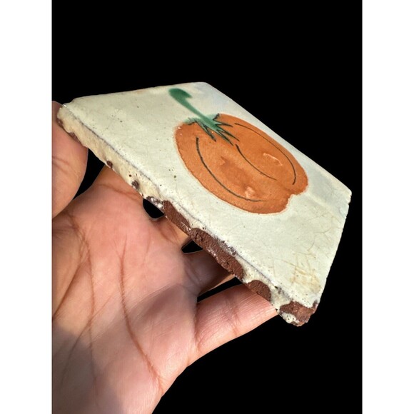 2 antique tile handpainted tiles Pumpkin Pitcher Kitchen Decor 4”x4” - Picture 4 of 15